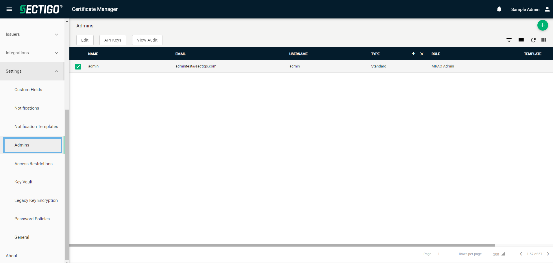 Admins page