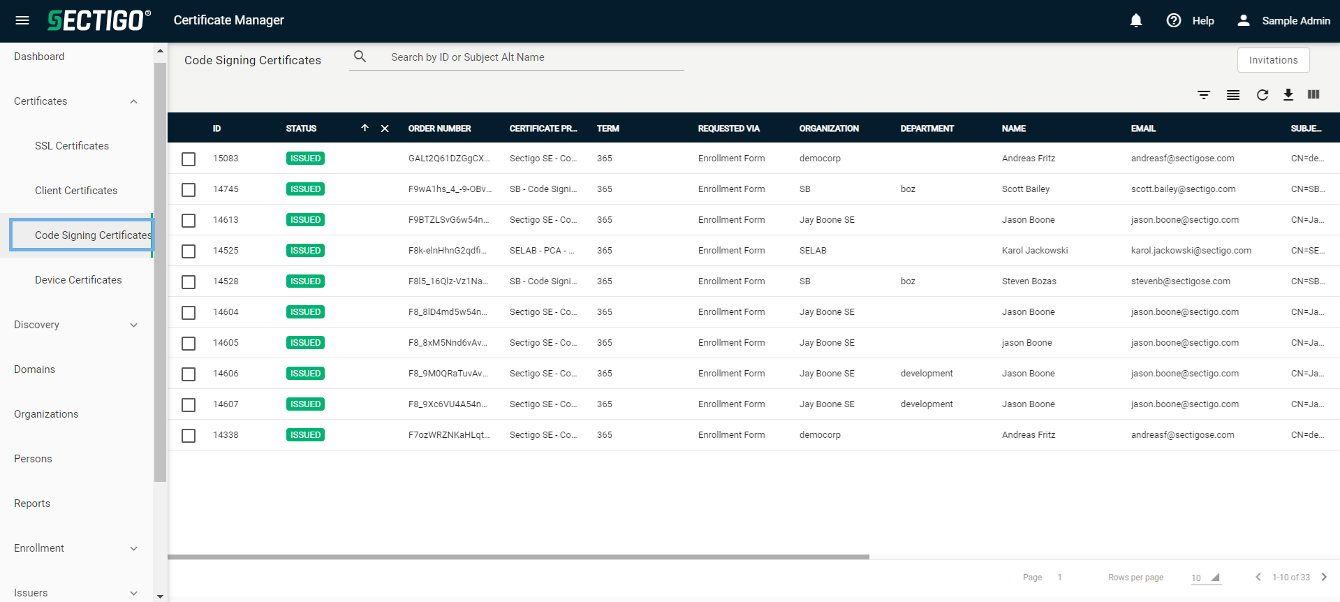 Code Signing Certificates page