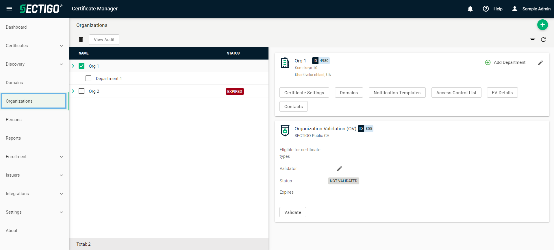 Organizations page