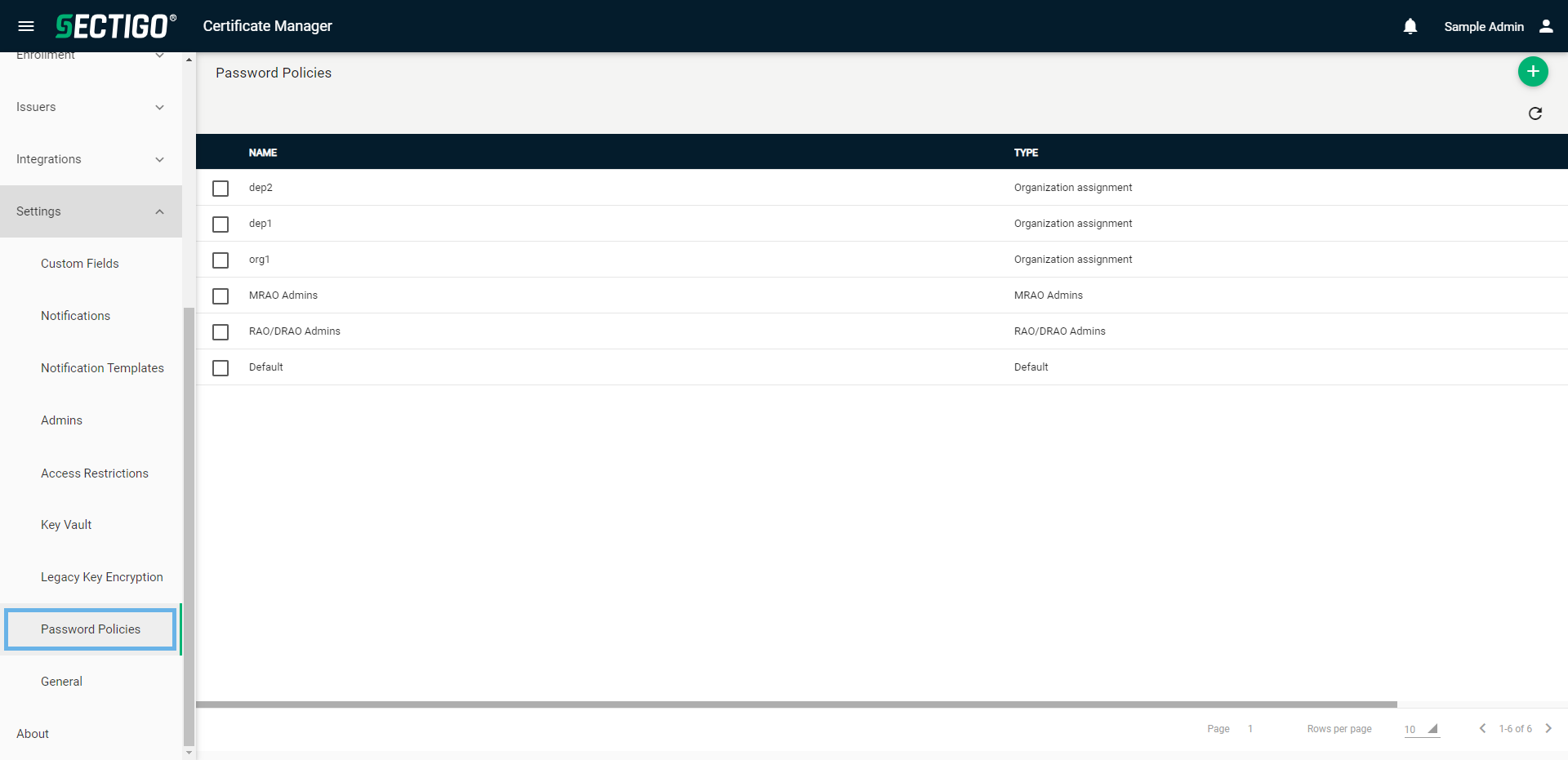 Password Policies page